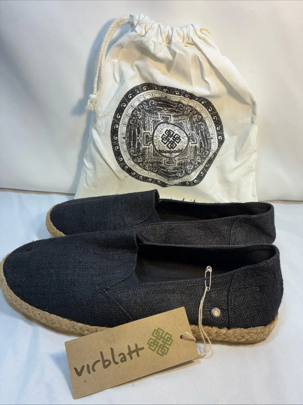 Virblatt Hemp Espadrilles Size 41 US Men 8 Women 10 NWT Black Boho Slip On Bag